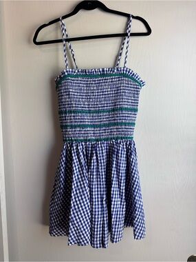 Blue Gingham Smocked Romper with Green Trim NWT has pockets!